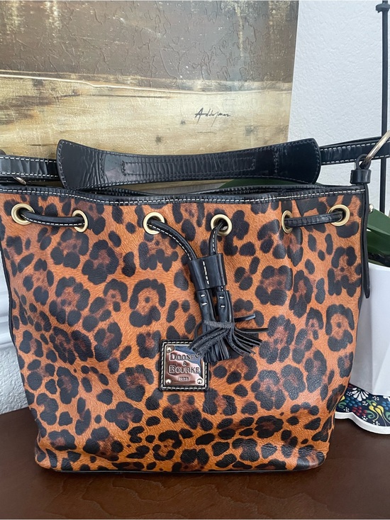 Dooney & Bourke Handbags - Dooney & Bourke Leopard Print Drawstring Shoulder Bag - Brown and Black